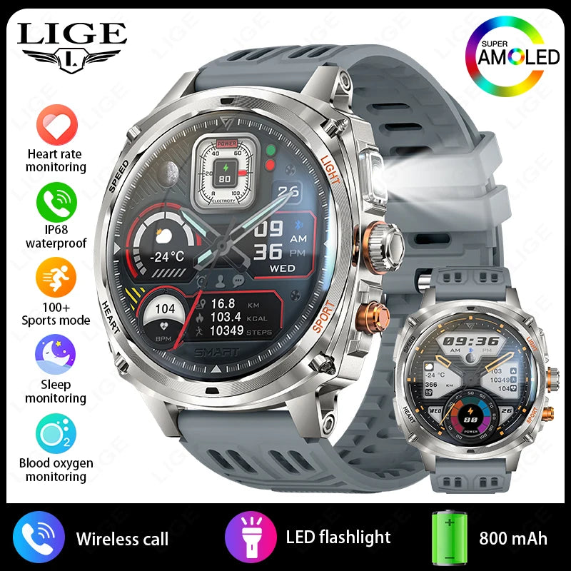 LIGE Rugged Military 1.75-inch AMOLED Screen Smart Watch With LED Flashlight 800mAh Battery Bluetooth Call Smart Watch Men Gift