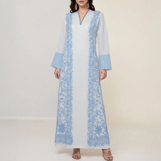 Rafiah Women's Arabian Dress Spring Summer Fashion Solid Color Patchwork Long Sleeve V-Neck Loose Arabian Dress For Women