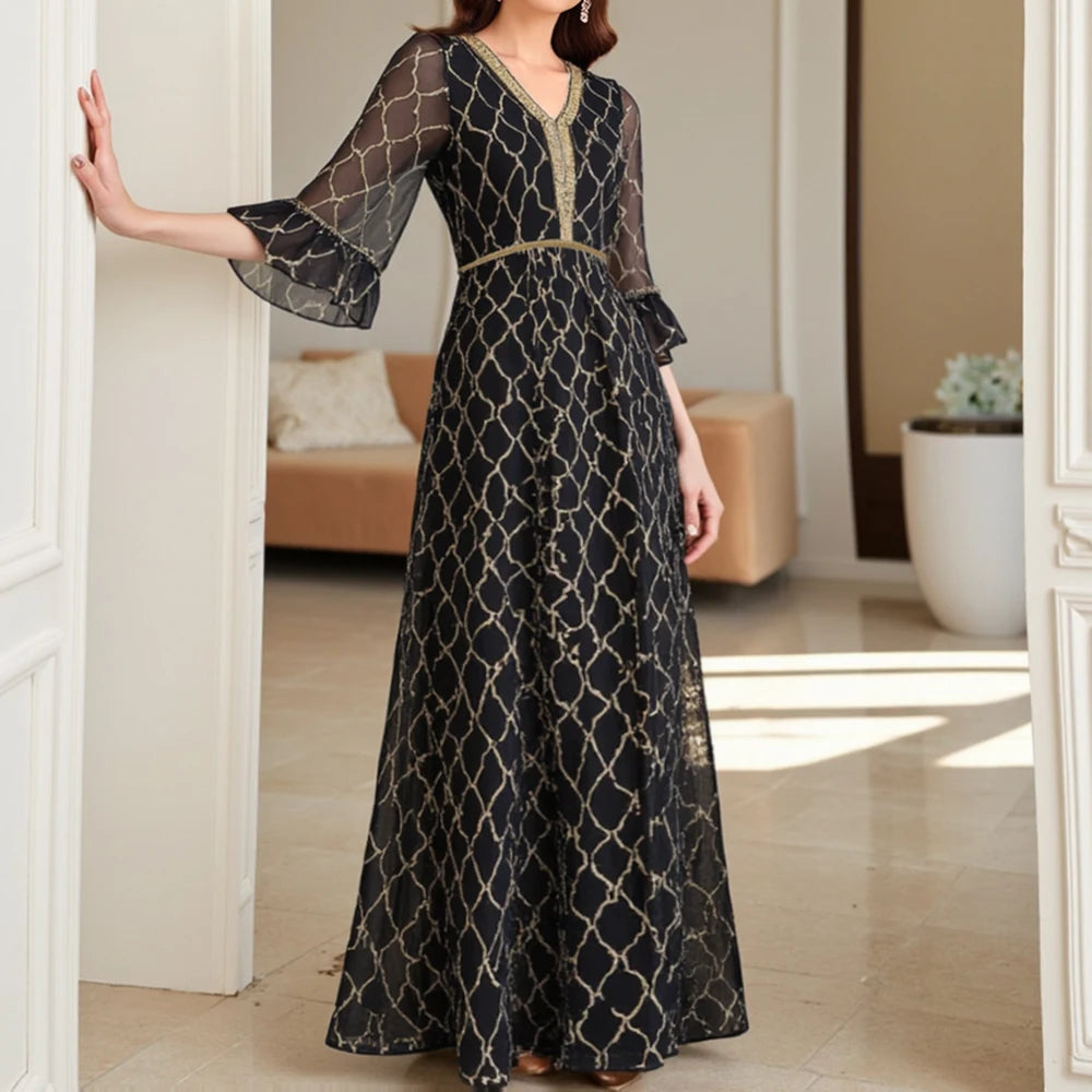 Rafiah Summer Women's Arabian Dresses 2025 Traditional Luxurious Checked Print Appliques Short Sleeve V-Neck Evening Dresses