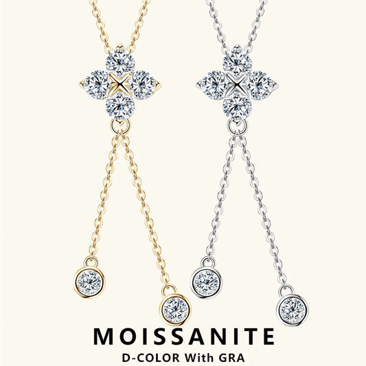 Lnngy Niche Light Tassel Pendant Moissanite Necklace 925 Sterling Silver Four-leaf Flower Necklaces for Women 2024 Trend Jewelry
