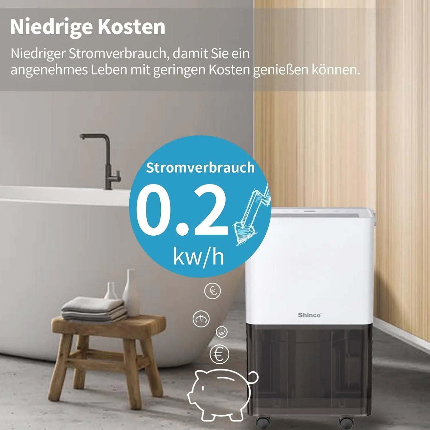 SHINCO Electric Dehumidifier, 10 L, Room Dehumidifier with Moisture Sensor, for 45 m³ (15 m²), Energy Saving, Drain Hose