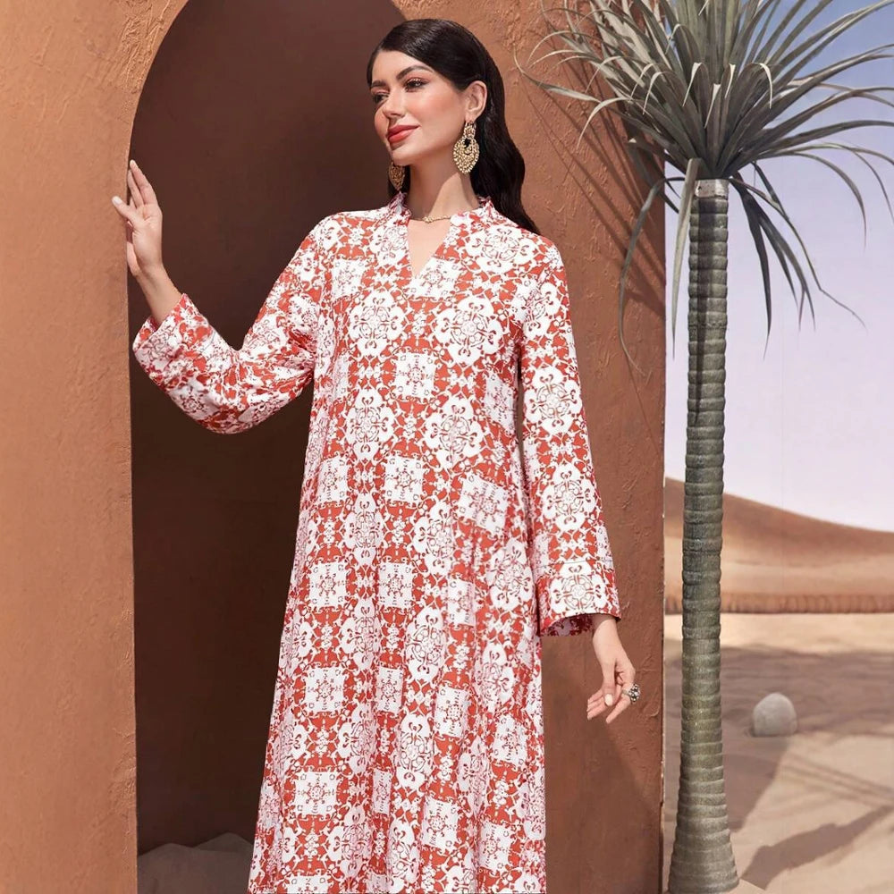 Plus Size Rafiah Women's Summer Arabian Dress 2025 Geometric Printing Long Sleeve Half Open Collar Loose Fit Long Dress