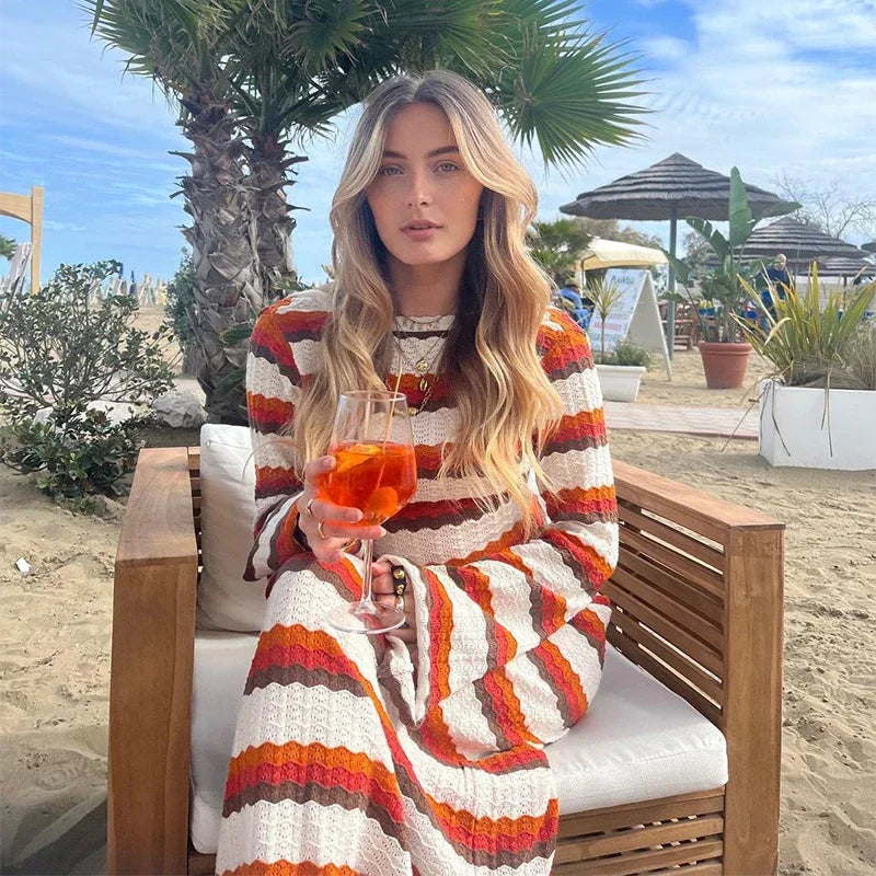 Tossy Striped Contrast Knit Maxi Dress Women Hollow Out Long Sleeve Cover up Summer Loose Ladies Dress High Waist Fashion Dress