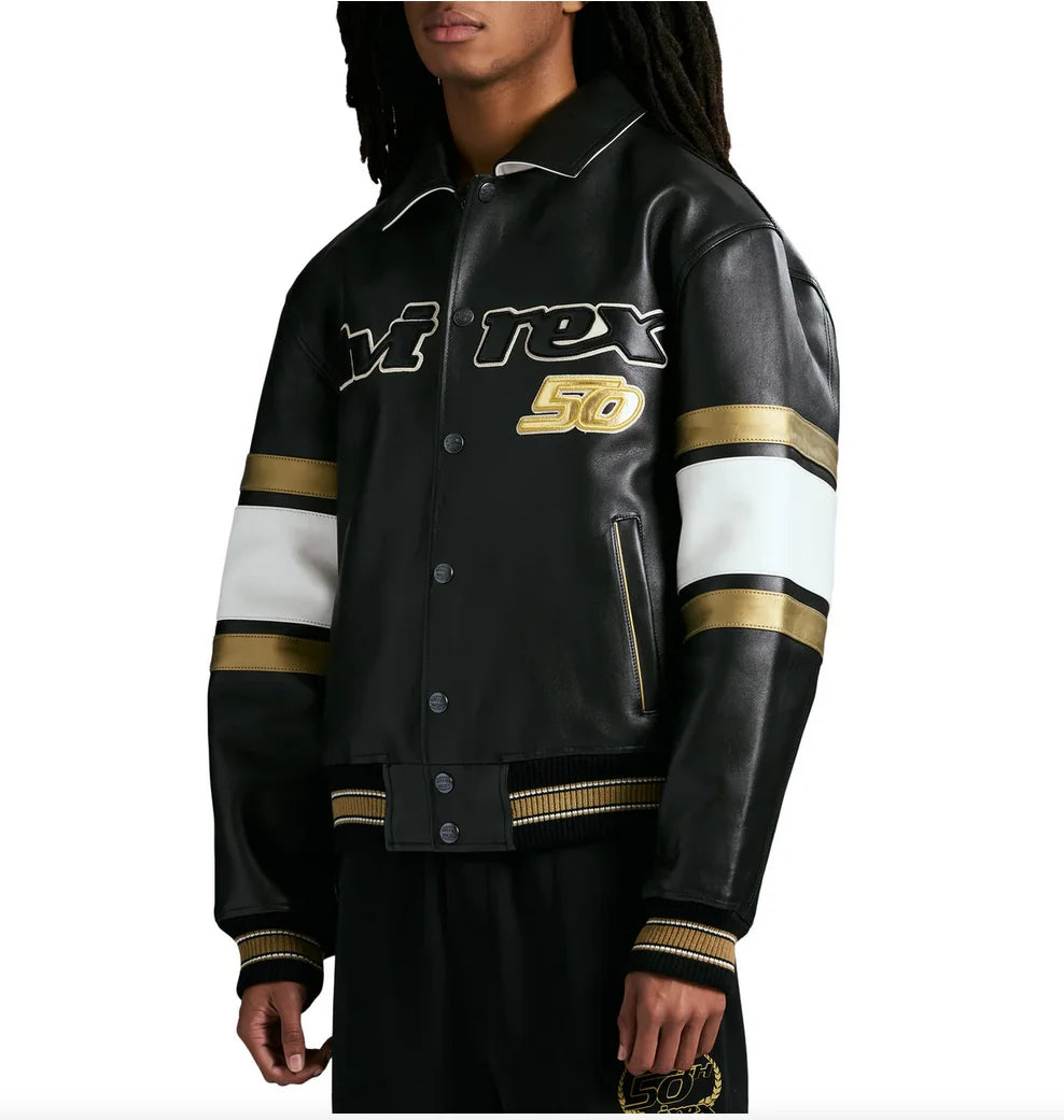 AVIREX Spring 2025 New Release Limited Edition European Sheepskin Jacket Gold Badge Embroidered 50TH ANNIVERSARY  Leather  coat