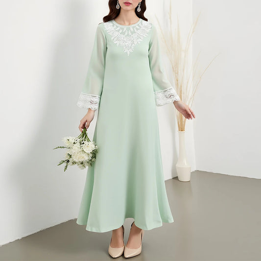 Rafiah Women's Dresses Summer Comfortable Elegant 2025 Plain Embroidery Long Sleeve Round Neck A-Line Midi Vacation Long Dress