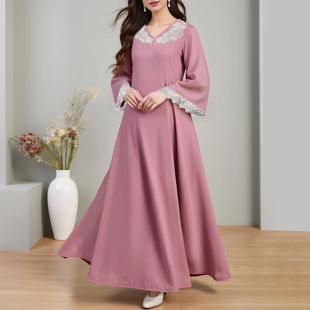 Rafiah Summer Women's Arabian Dresses 2025 Elegant Plain Floral Appliques Lace Long Sleeve V-Neck Ruffle Hem Long Dress