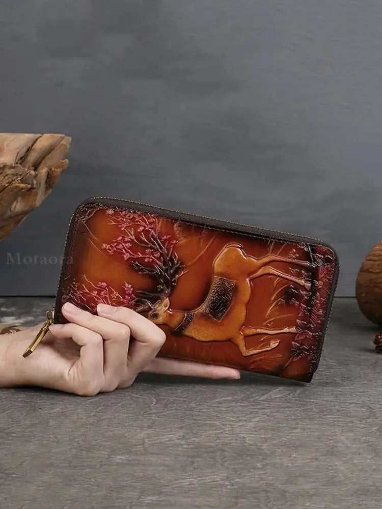 MOTAORA New Embossed Genuine Leather Wallet For Women’s Long Zipper Large Capacity Handbag Ethnic Style Card Phone Bag Purses