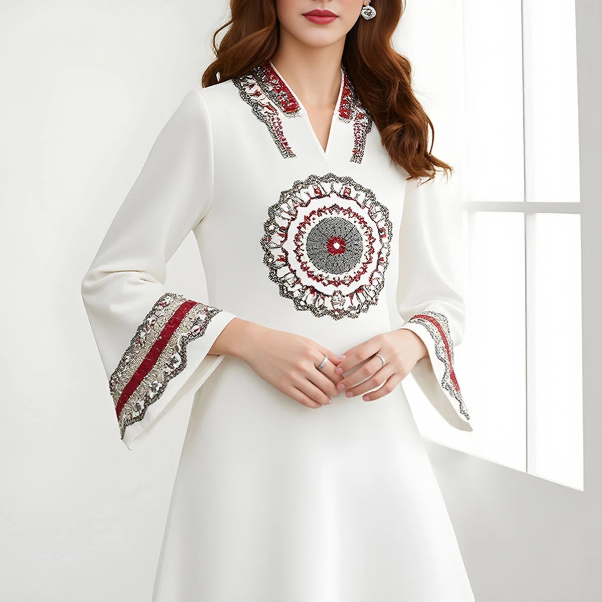 Rafiah Autumn Dresses 2025 Women's Elegant Print Long Sleeve V-Neck A-Line Dating Long Arabian Dresses