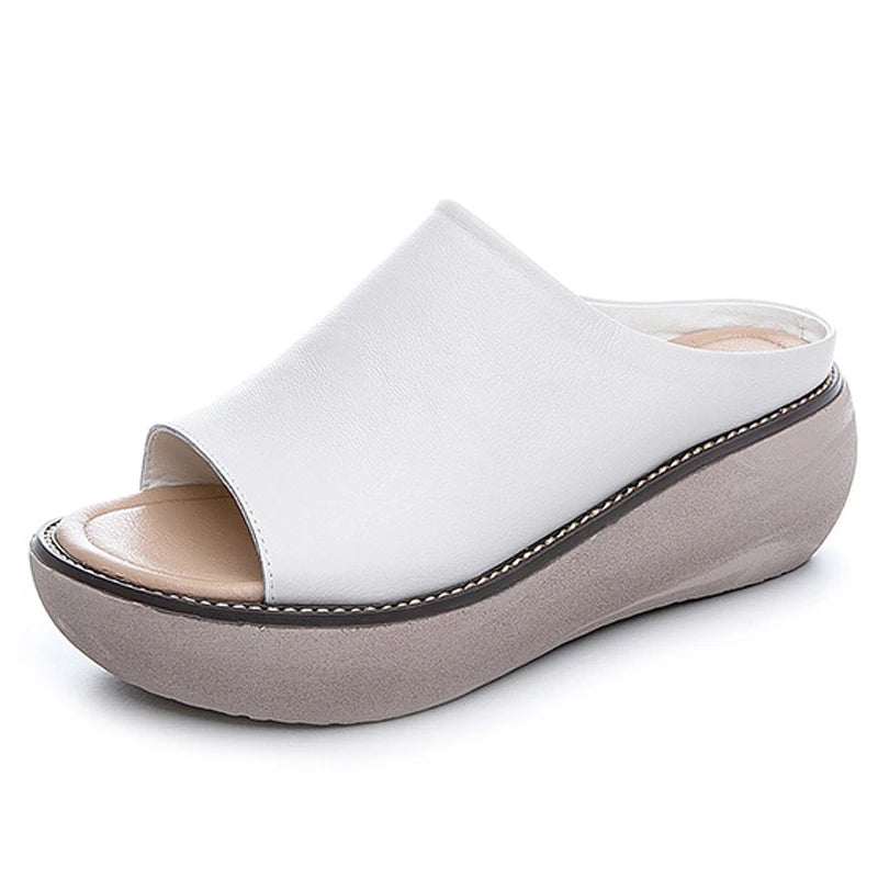 Women’s Genuine Leather Wedge Slippers – Handmade Summer Slides