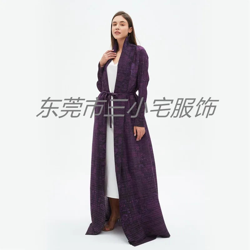 KAF Pleated Women Loose Plus Size Trench Coat 2024 Autumn New Vintage Printed Cardigan Design Arab Female Luxury Abaya