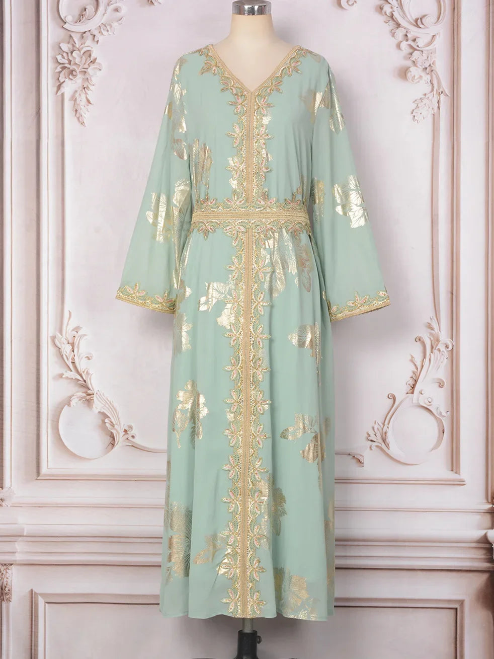 KAF Fashion Women Dress 2025 Spring New V-neck Long-sleeved Printing Hot Stamping Design Loose Large Size Female Party Dresses