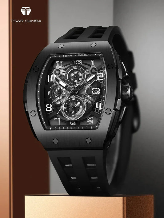 TSAR BOMBA Luxury Mens Watch Top Brand Wristwatch Tonneau Clock Rubber Strap Chronograph Sapphire Watches for Men