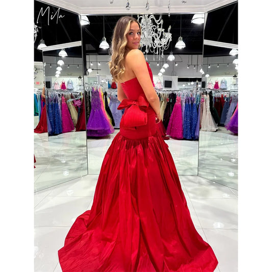 Mila Strapless A-Line Red Prom Dresses Bow Straps Sleeveless Evening Dresses Sweep Train Low Waist Customized Party Dresses 2025