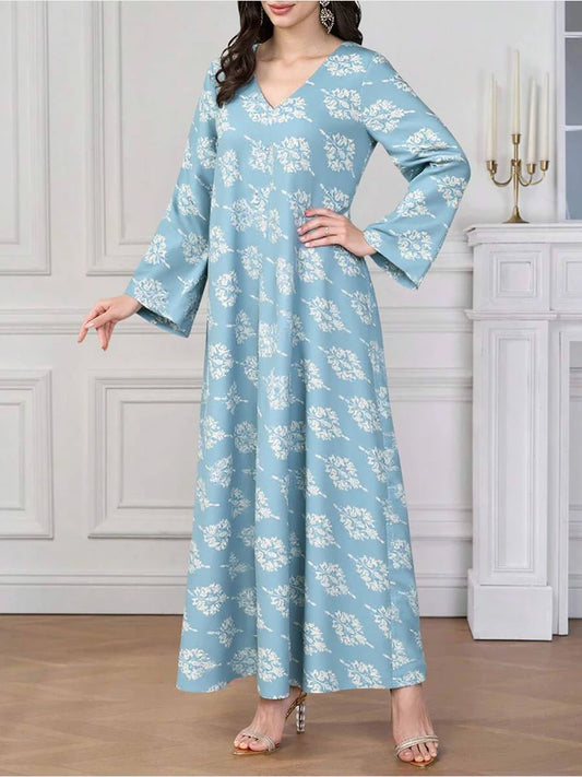 Rafiah Women's Summer Arabian Dress Comfortable Full Print Long Sleeve V-Neck Casual Loose Fit Long Dresses Evening Dresses 2025