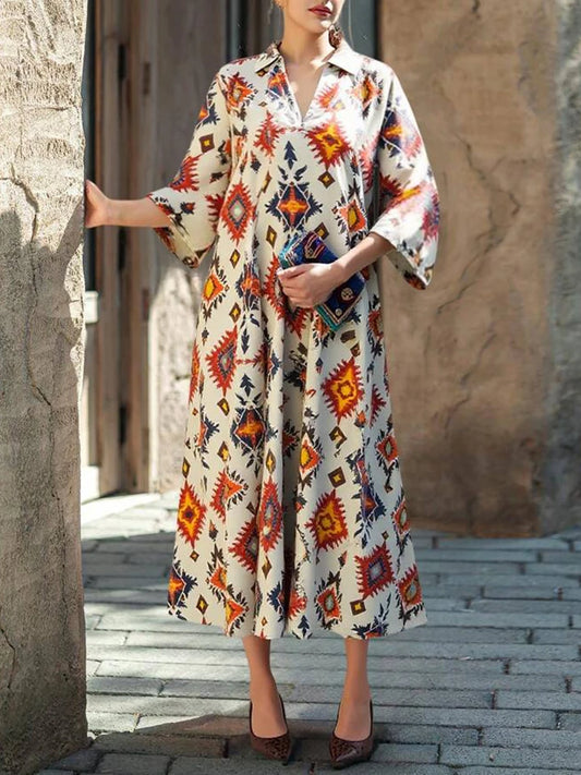 Rafiah Women's Summer Arabian Dress Fashion Full Print Long Sleeve V-Neck Vacation Long Dresses Evening Dresses 2025