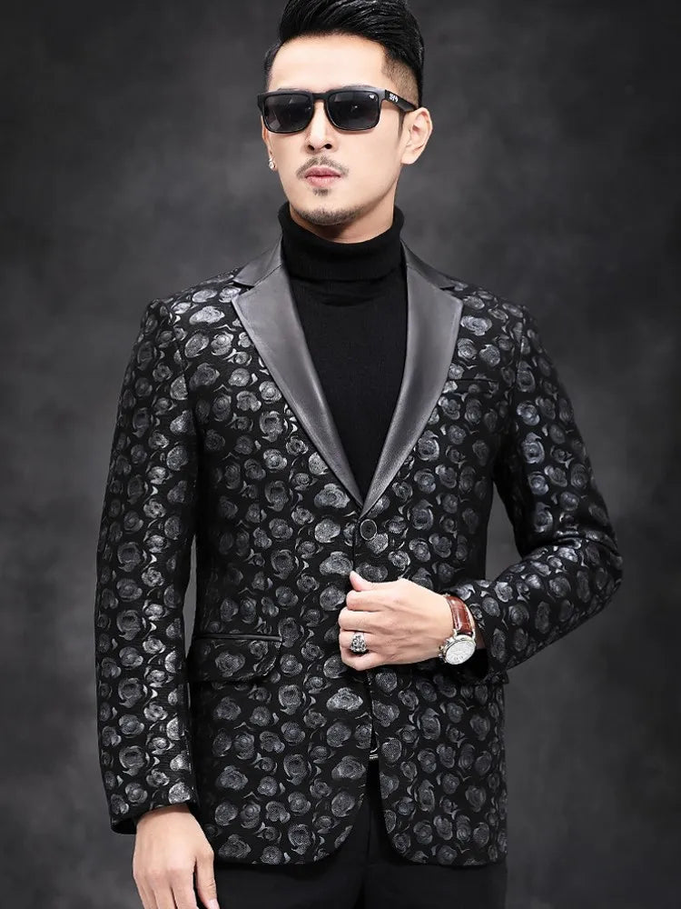 New Designer Business Men Work Floral Printed Blazer Suit Coat Autumn Slim Fit Single Breasted Sheepskin Genuine Leather Jacket