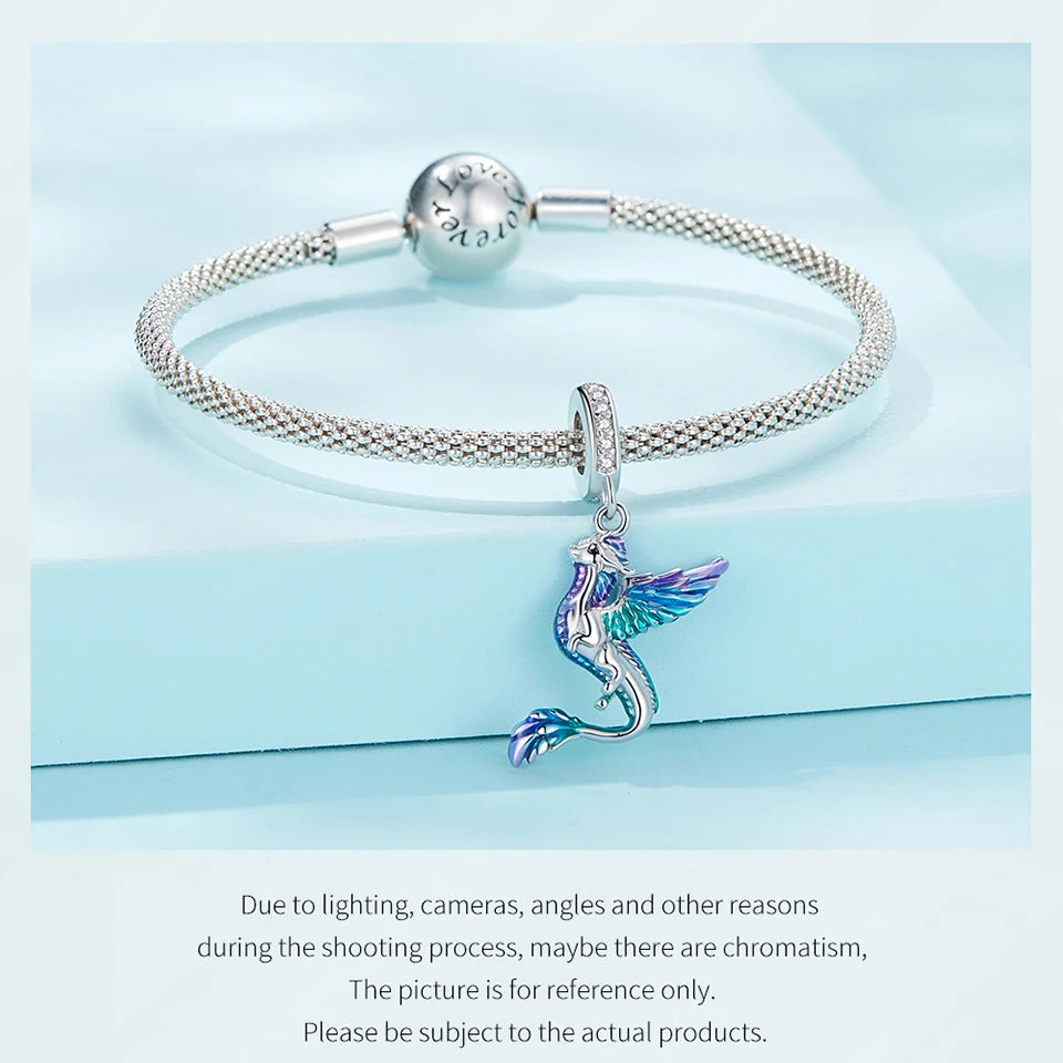 Bamoer  925 Sterling Silver Phoenix Pendant Dragon Charms Enamel Process Plated Platinuma Fit Women DIY Bracelet Fine Jewelry