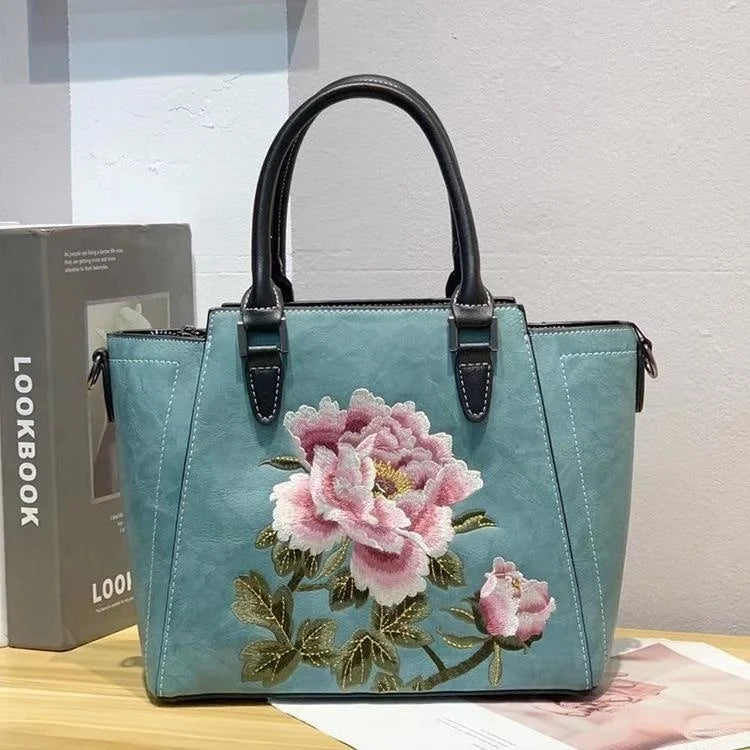 MOTAORA 2025 New Chinese Style Women's Leather Shoulder Bag | Embroidery Flower Handbag