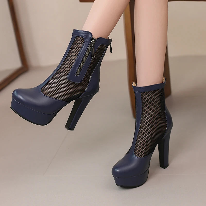 Women’s Summer Ankle Boots – Handmade Mesh + PU Leather – Closed Toe – Platform High Heel – Zip Up – Sizes 4.5–18