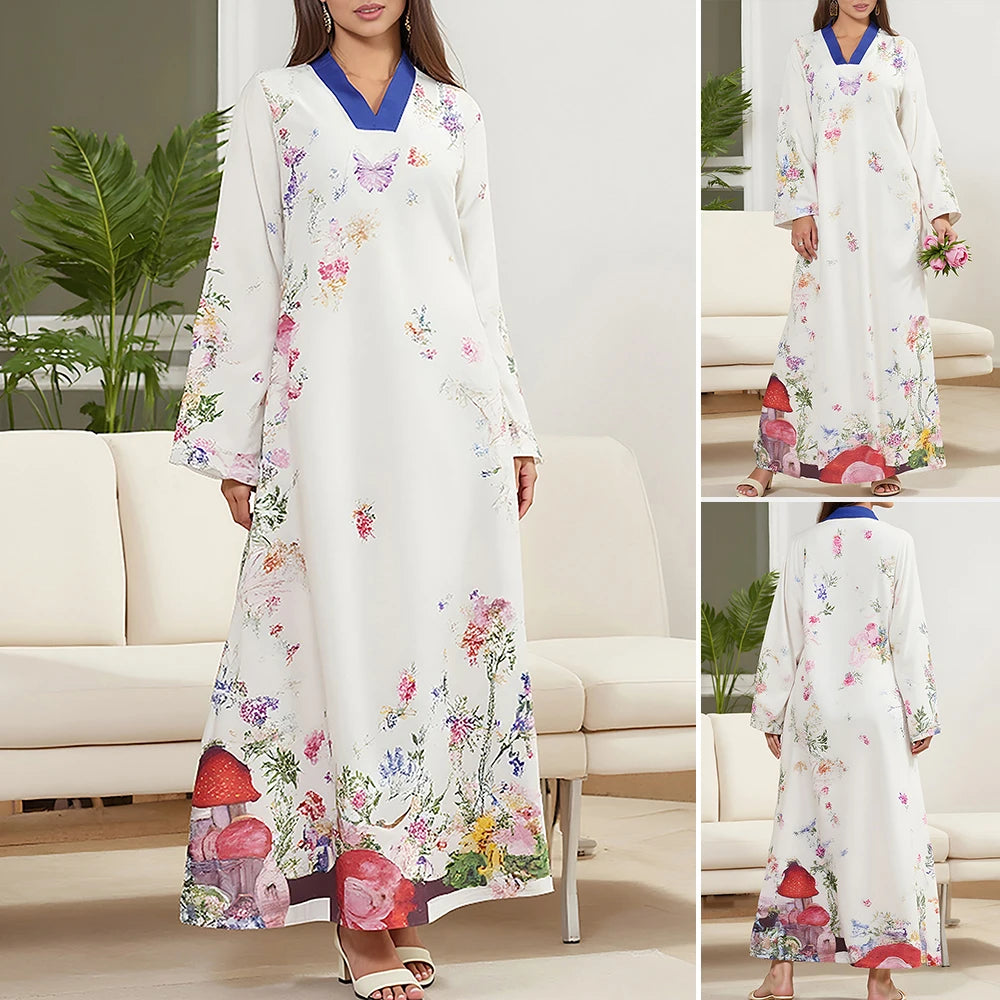 Rafiah Women's Dresses Summer Elegant Decent 2025 Cultural Print Long Sleeve V-Neck A Line Casual Long Dress