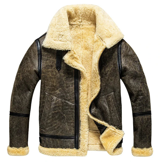 2025 Winter High Quality  Genuine Leather Jacket Men's B3 Sheepskin Thick Fur Leather Coat Warm Motor Biker Jackets For Men 6XL