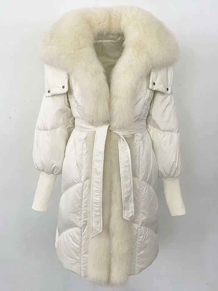 2025 Autumn Winter Women Coat Real Natural Fox Fur Long Down Jacket Thick Warm Casual Hooded White Duck Down Elegant Overwears