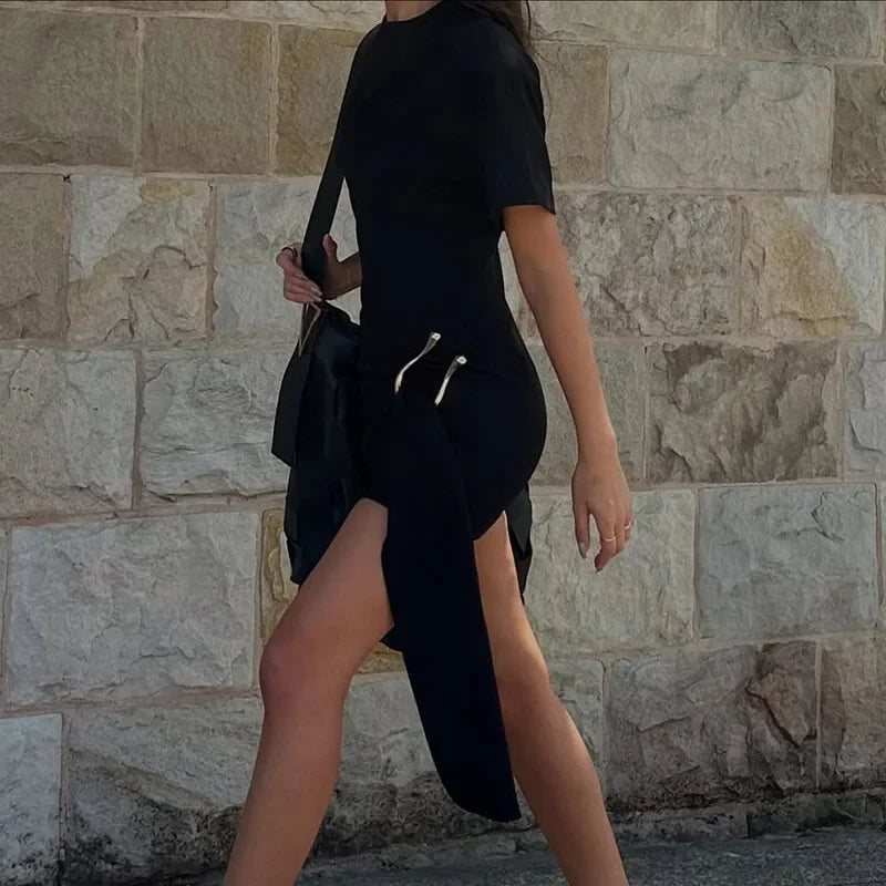 Women's Luxury Black Draped Mini Dress – Metal Buckle, O-Neck, Bodycon Fit