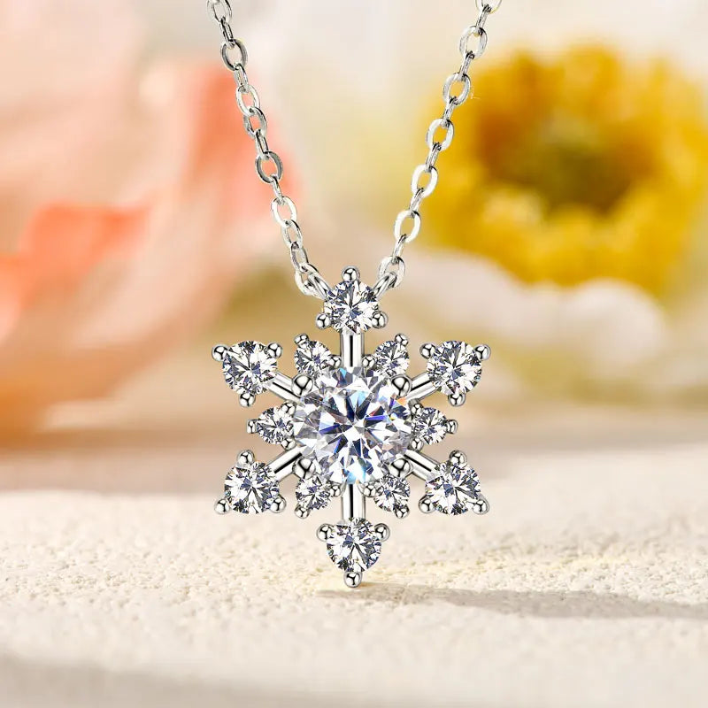Lnngy Bling 6.5mm&3mm&2mm Moissanite Necklace 925 Sterling Silver Snowflake Pendant Necklaces for Women Christmas Jewelry Gift