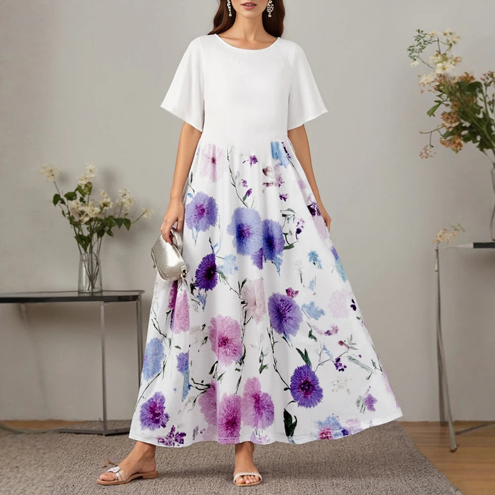 Rafiah Summer Arabian Dress 2025 Women's Decent Flower Print Short Sleeve Round-Neck A-Line Daily Basic Midi Dress