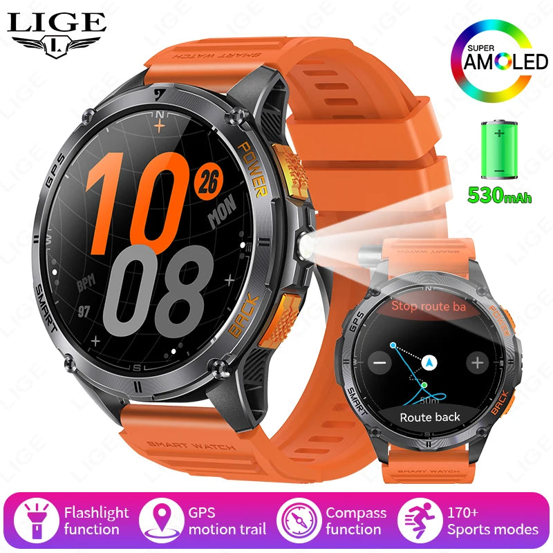 LIGE New GPS tracking Smart Watch BT Call 466*466 AMLOED Screen Heart Rate 530mAh Battery Outdoor Compass Flashlight Smartwatch