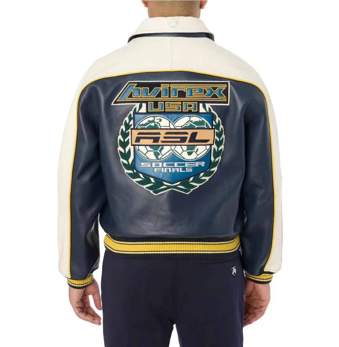 New Release AVIREX European Antique Sheepskin Jacket Genuine Leather Jacket men's Tops  TRACK SOCCER JACKET color combination