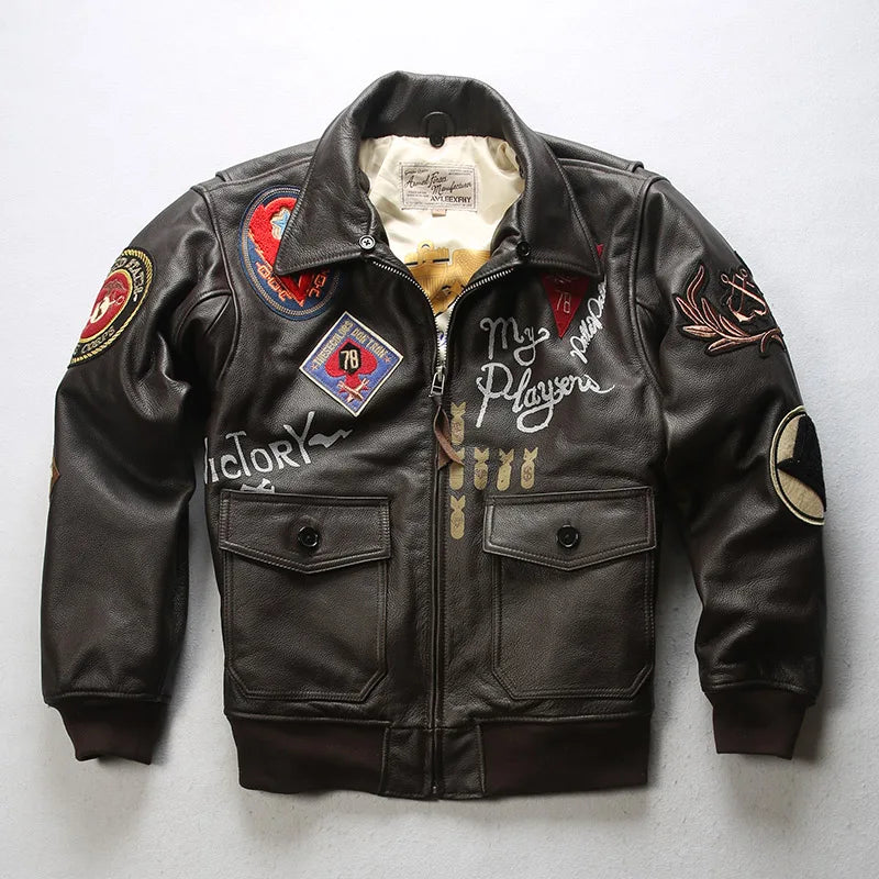 Super Fast Shipping G1 Pilot Jacket Men Removable Hair Collar Genuine Cowhide Vintage Embroidered Label Casual Leather coat TOP