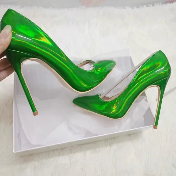 2025 New Party Banquet High Heels For Women Temperament Single Shoes 10CM 12CM Fashion Pointed Laser Holographic Summer Pumps