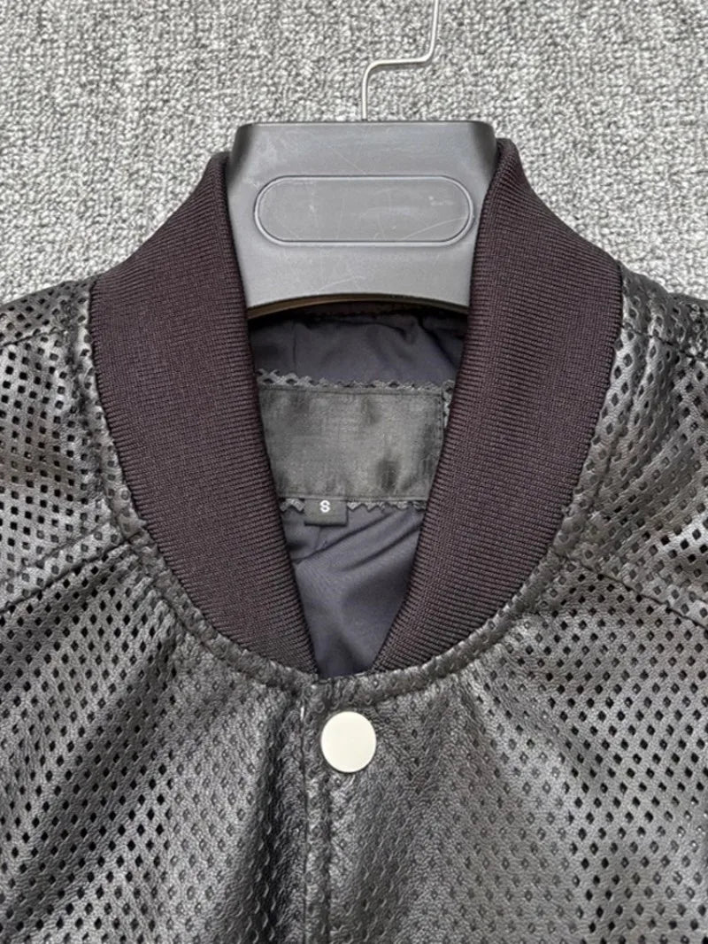 Spring Mens Genuine Leather Coat Breathable Single Breasted Stand Collar Loose Fit Bomber Jacket Real Sheepskin Casual Outerwear