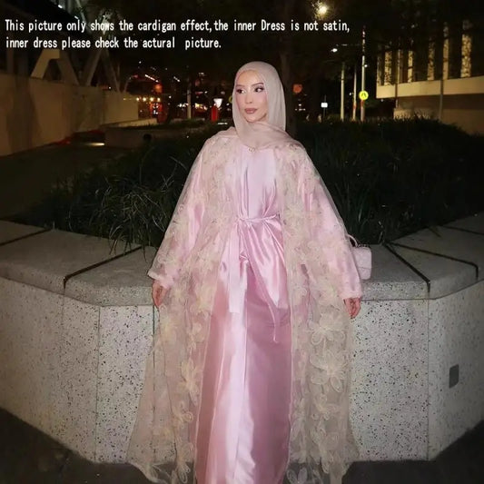 Elegant Women Abaya 2Pcs Print Cardigan Solid Color Inner Dress Set Female With Belt Kaftan Party Dress Player Clothing