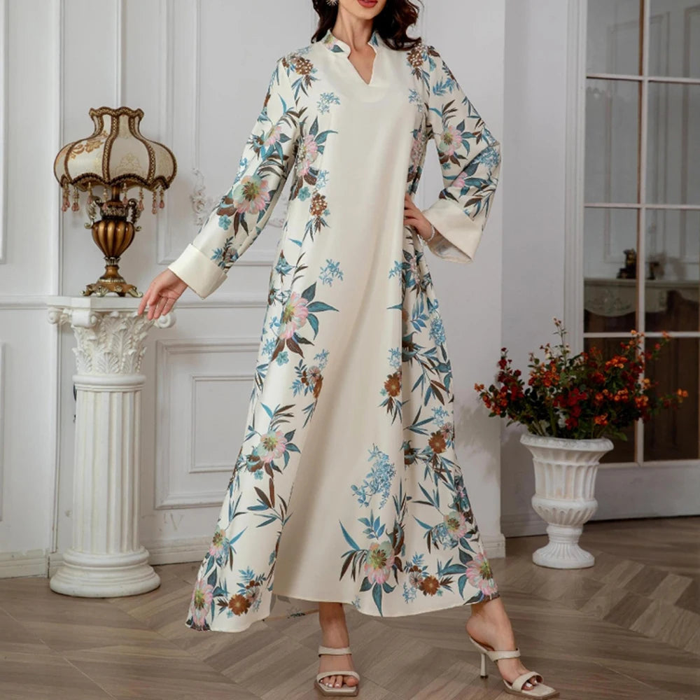 Rafiah Summer Dress 2025 Women's Arabian Elegant Botanical Print Rolled Long Sleeve Half Open Collar A-Line Midi Dress