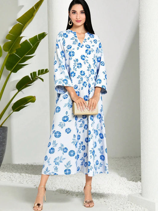 Rafiah Women's Summer Arabian Dress Traditional Full Print Long Sleeve V-Neck Dating Loose Fit Long Dresses Evening Dresses 2025