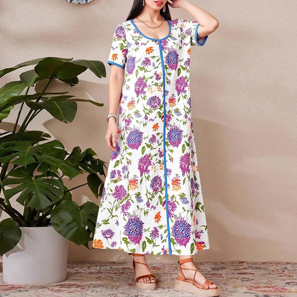 Rafiah Women's Dresses Summer Comfortable Elegant 2025 Full Print Short Sleeve V-Neck A-Line Midi Vacation Long Dress