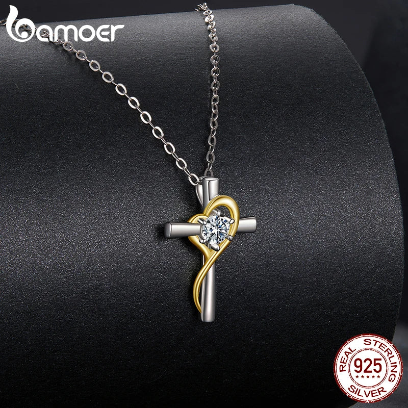 BAMOER Moissanite Cross Necklace Two-tones Gold Plated Pendant Necklace for Women 925 Sterling Silver Faith Jewelry