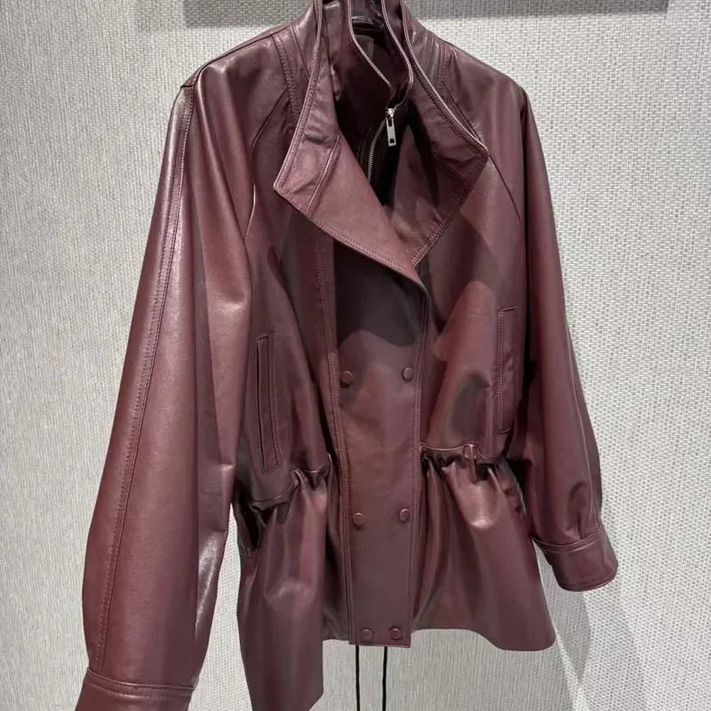 Real Sheepskin Coat Spring And Autumn Women Regular Length Pleating Design High Quality Outerwear Female Genuine Leather Jacket