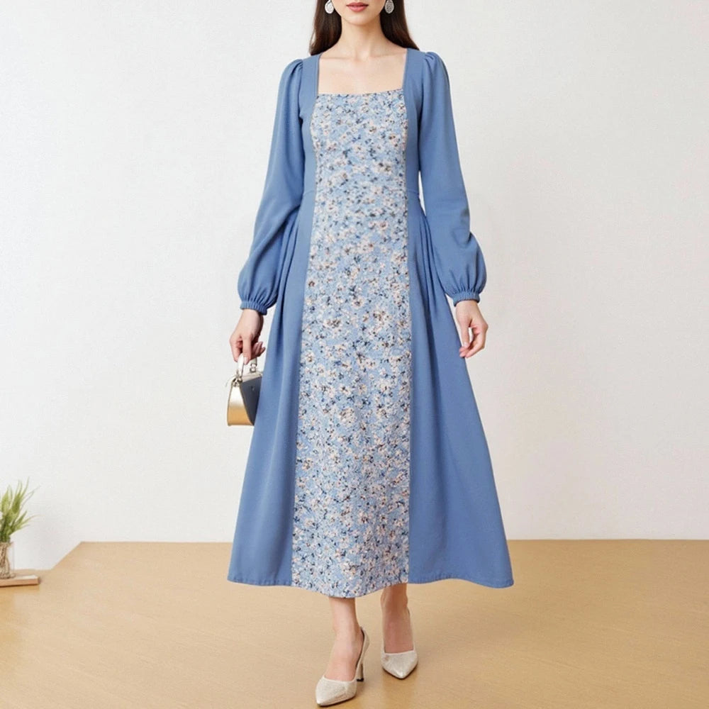 Rafiah Autumn Arabian Long Dress 2025 Fashion Casual Contrast Color Ditsy Floral Long Sleeve A-Line Dress For Women