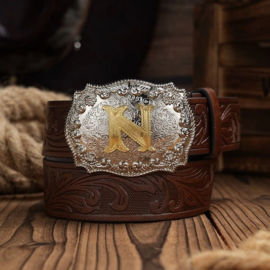 Western Cowboy PU Leather Belt - Men Waist Strap Bull Decoration Floral Engraved for Jeans