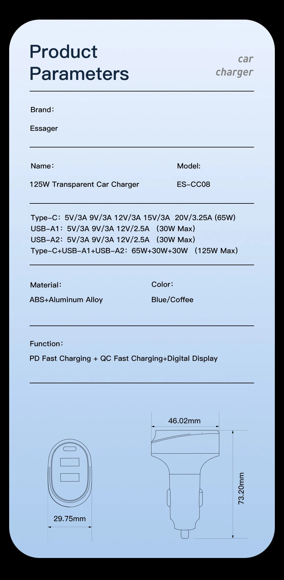 شاحن سيارة سريع من Essager بشاشة رقمية 125 وات لأجهزة iPhone وiPad وMacBook وUSB AC وشاحن سريع لأجهزة Huawei وHonor وXiaomi وSamsung وOPPO