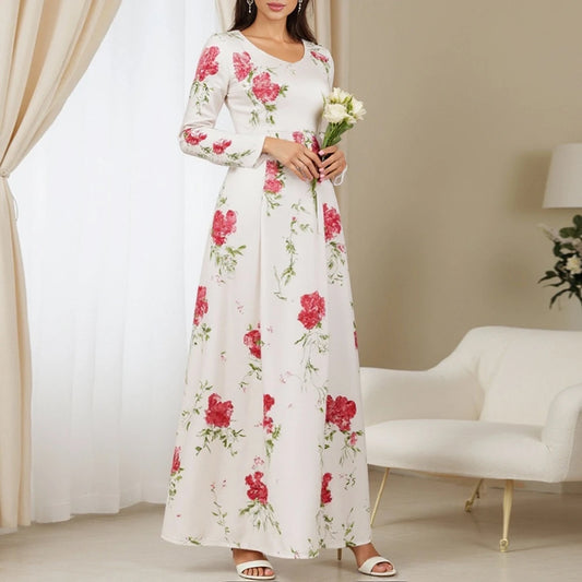 Rafiah Women's Arabian Dress Autumn Winter 2025 Elegant Fashion Floral Full Print Long Sleeve V-Neck Arabian Dress For Women