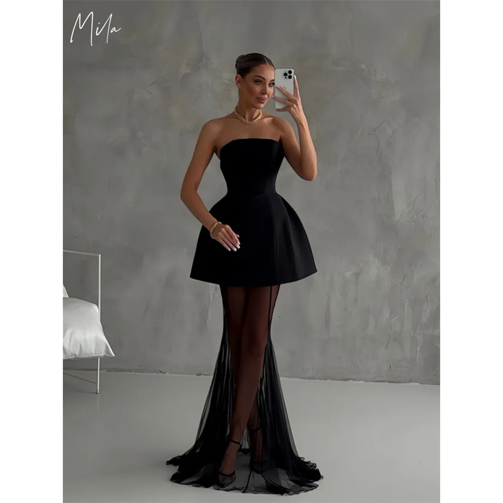 Mila Black  A-Line Customized Party Dresses Elegant Sleeveless Strapless Party Dresses 2025 Chic Floor-Length Evening Dresses