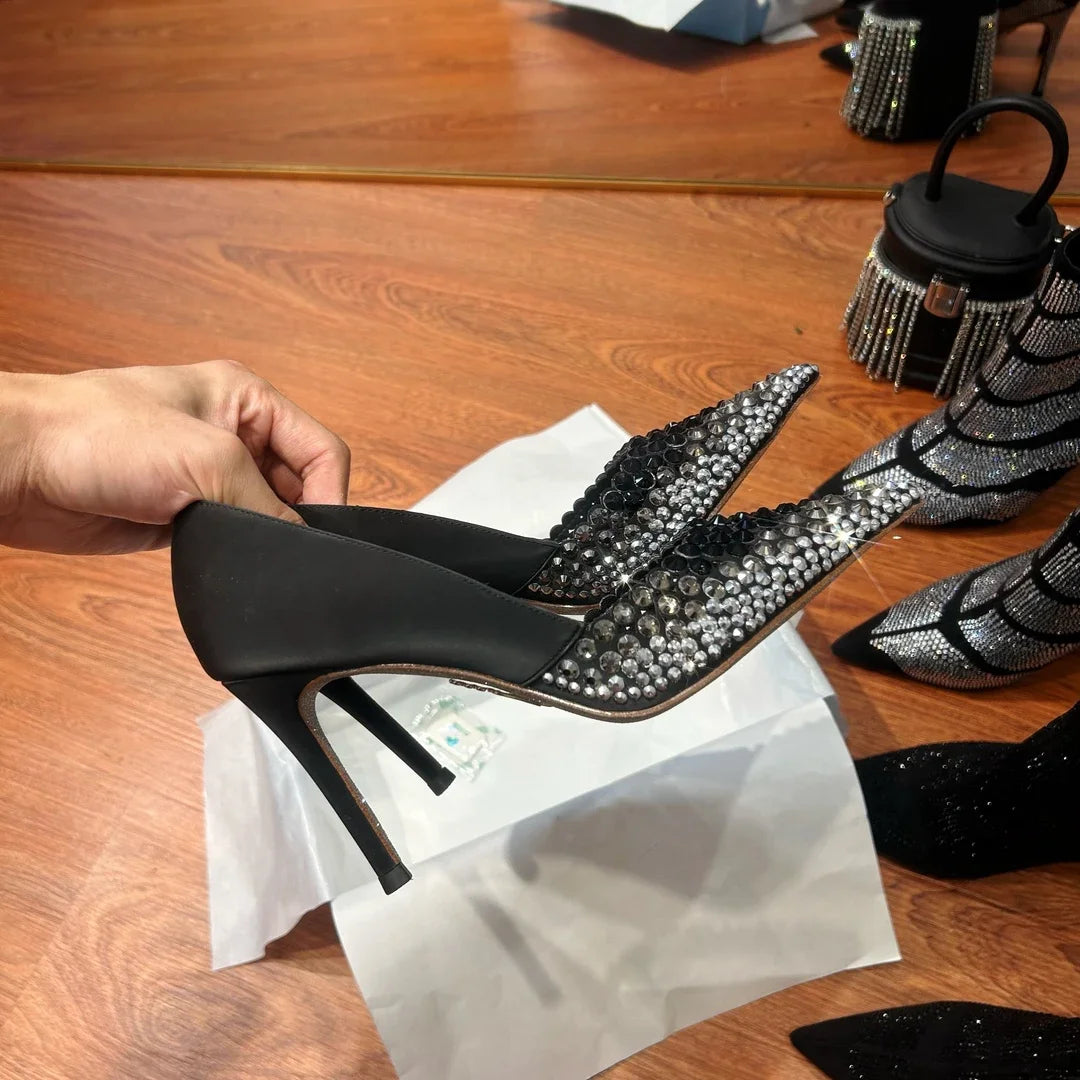 Black Rhinestone High Heels Women's New Summer Style  Socialite Small Stature Thin Heels  Pointed And Sexy Women's Shoes