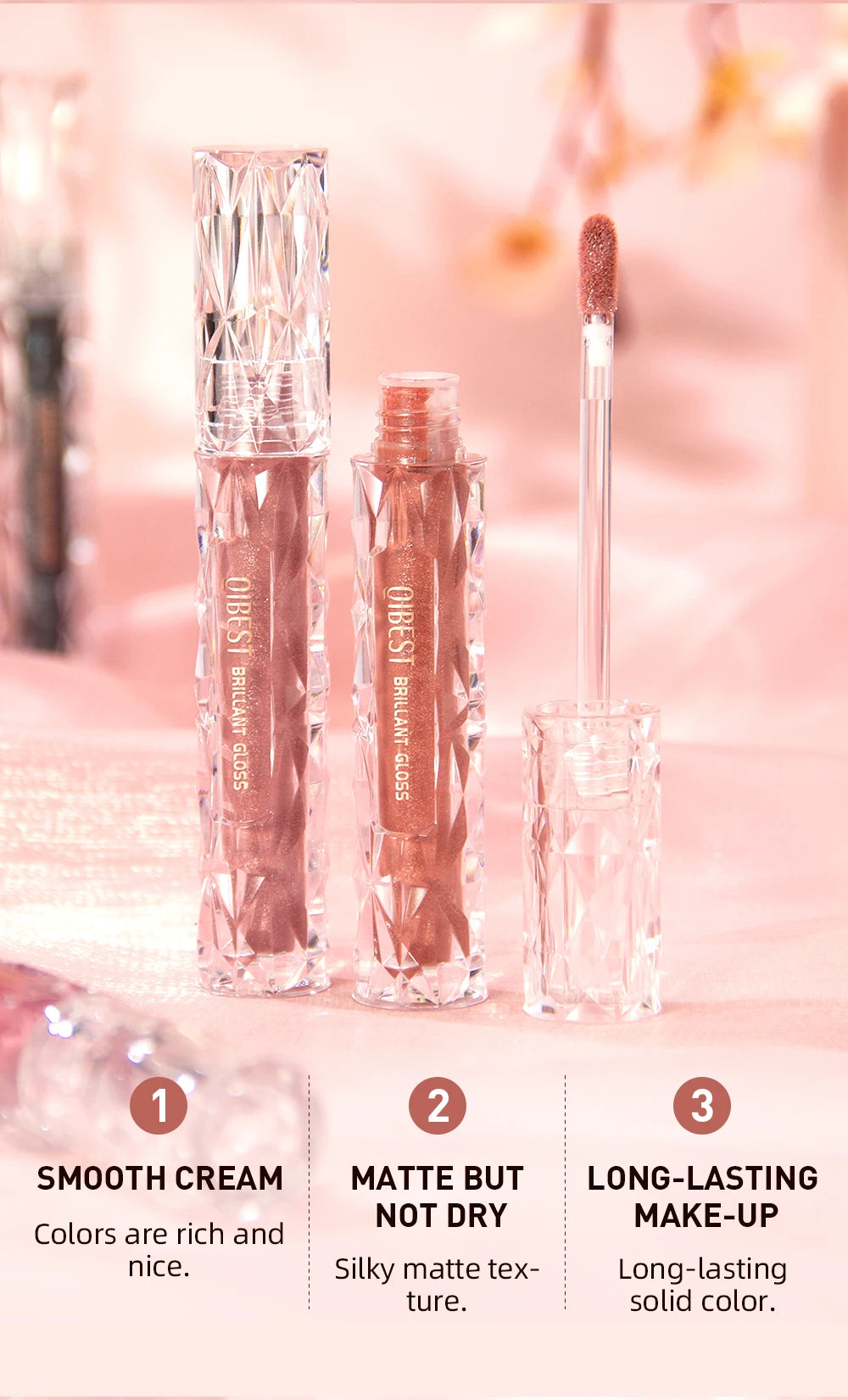 QIBEST Shimmer Lip Gloss Diamond Glitter Lip Tint Waterproof Long Lasting Matte Liquid Lipstick Red Purple Lipgloss Women Makeup