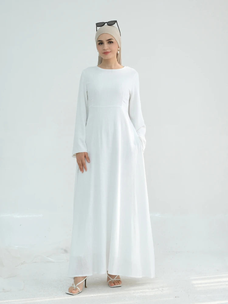 2025 Linen Pink Abaya Eid Ramadan Modest Maxi Dress Solid Color Robe Arabe Elegant Women Muslim Dresses Caftan Marocain Femme
