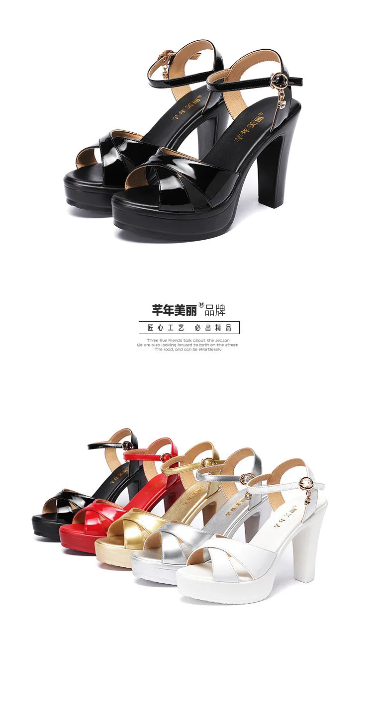 Women’s High Heel Summer Leather Sandals – 10 cm Spike Heel with Platform, Open Toe