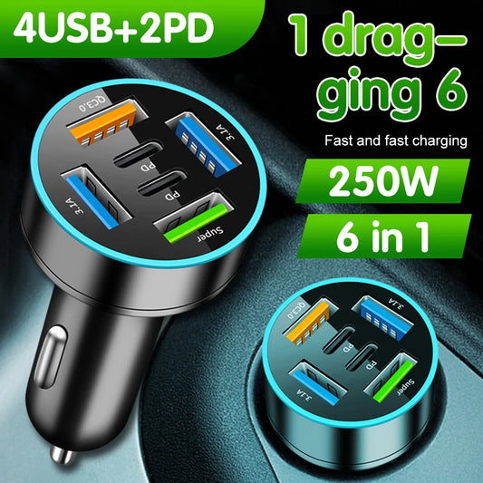250W 5 Ports Car Charger Fast Charging PD QC3.0 USB C Car Phone Charger Adapter With Voltage For iPhone Samsung Huawei Xiaomi